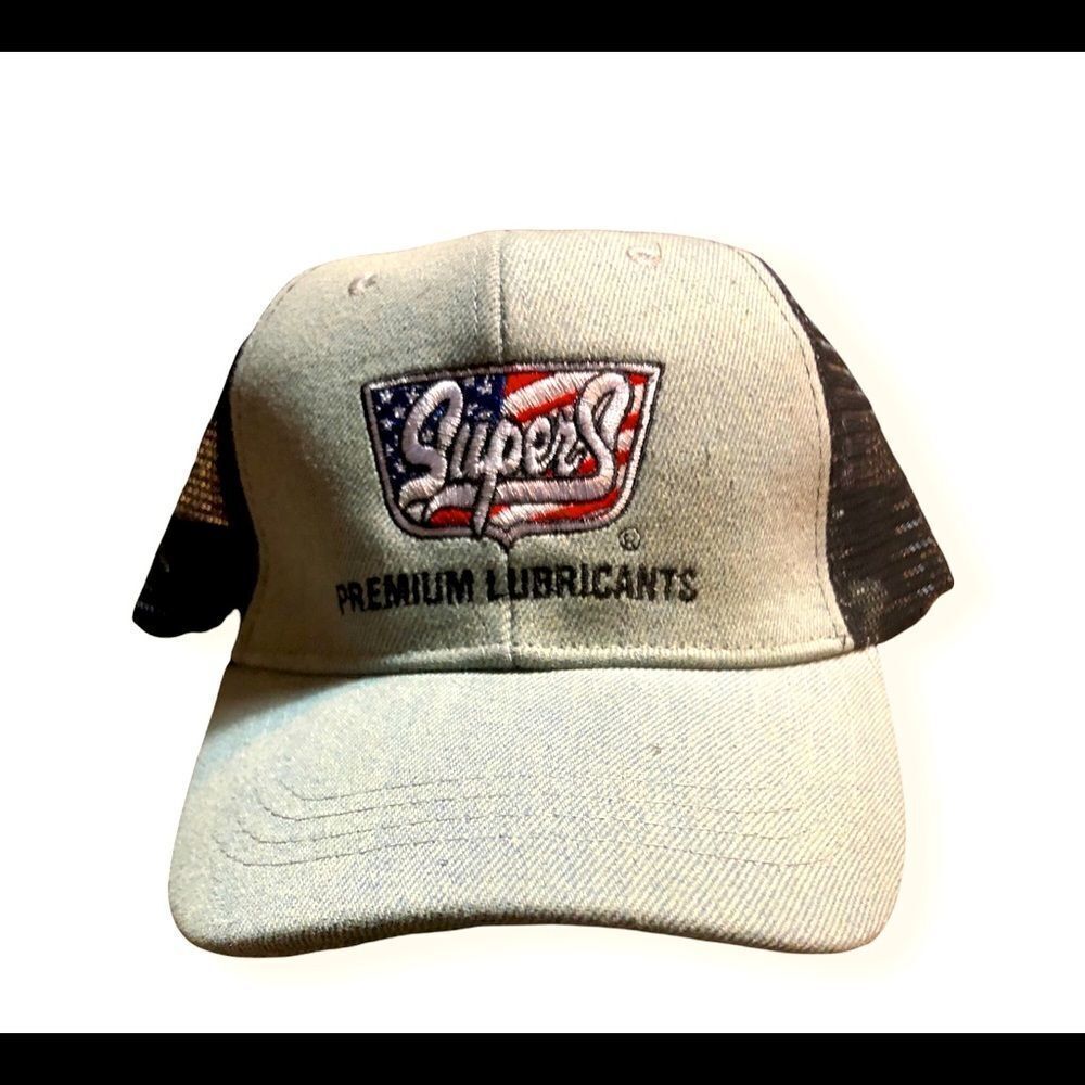 Super S Premuim Lubricants Logo Denim Hat Cap Mesh Snapback US Flag NWOT